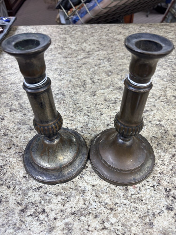 Pair of Silver on Copper Candlesticks Silverplate Maker unknown - 8” Tall