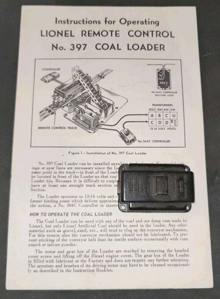 Orig Postwar Lionel #397 Coal Loader Operating Guide & 364C Controller (No Wire)