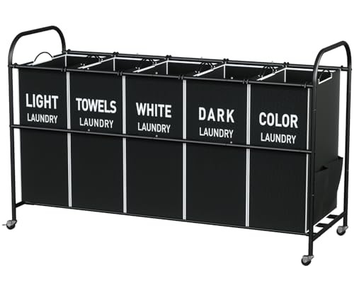 5-Section Laundry Sorter Cart, Large Laundry Hamper with Lockable Rolling Black