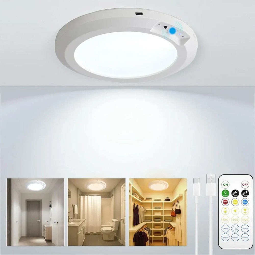 Rechargeable Motion Sensor Ceiling Light w/Remote Wireless Ceiling Light 3 Color
