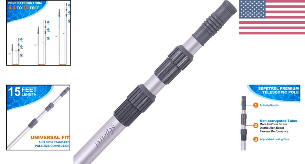 Sleek 15ft Telescoping Pool Pole - High-Strength, Adjustable Maintenance Tool