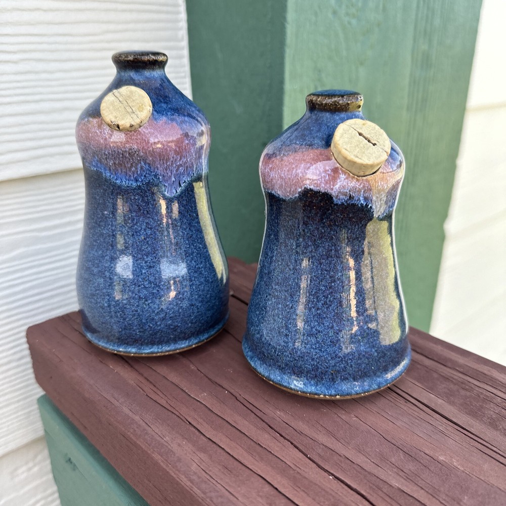 Studio Art Pottery Salt & Pepper Shaker Set Hobbiest Blue & Pink Glazed Signed