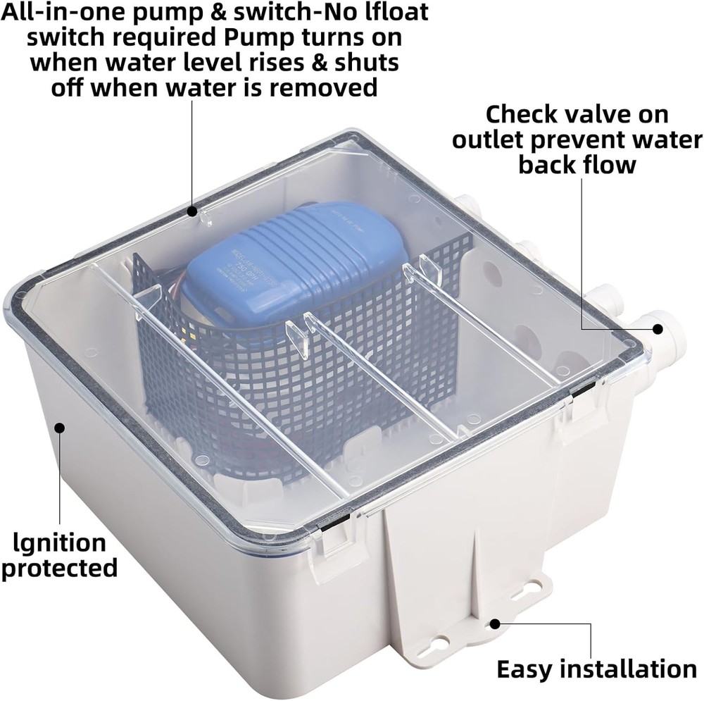 12V 750GPH Shower Sump Pump Marine Boat Multi-port Inlet Drain Kit System