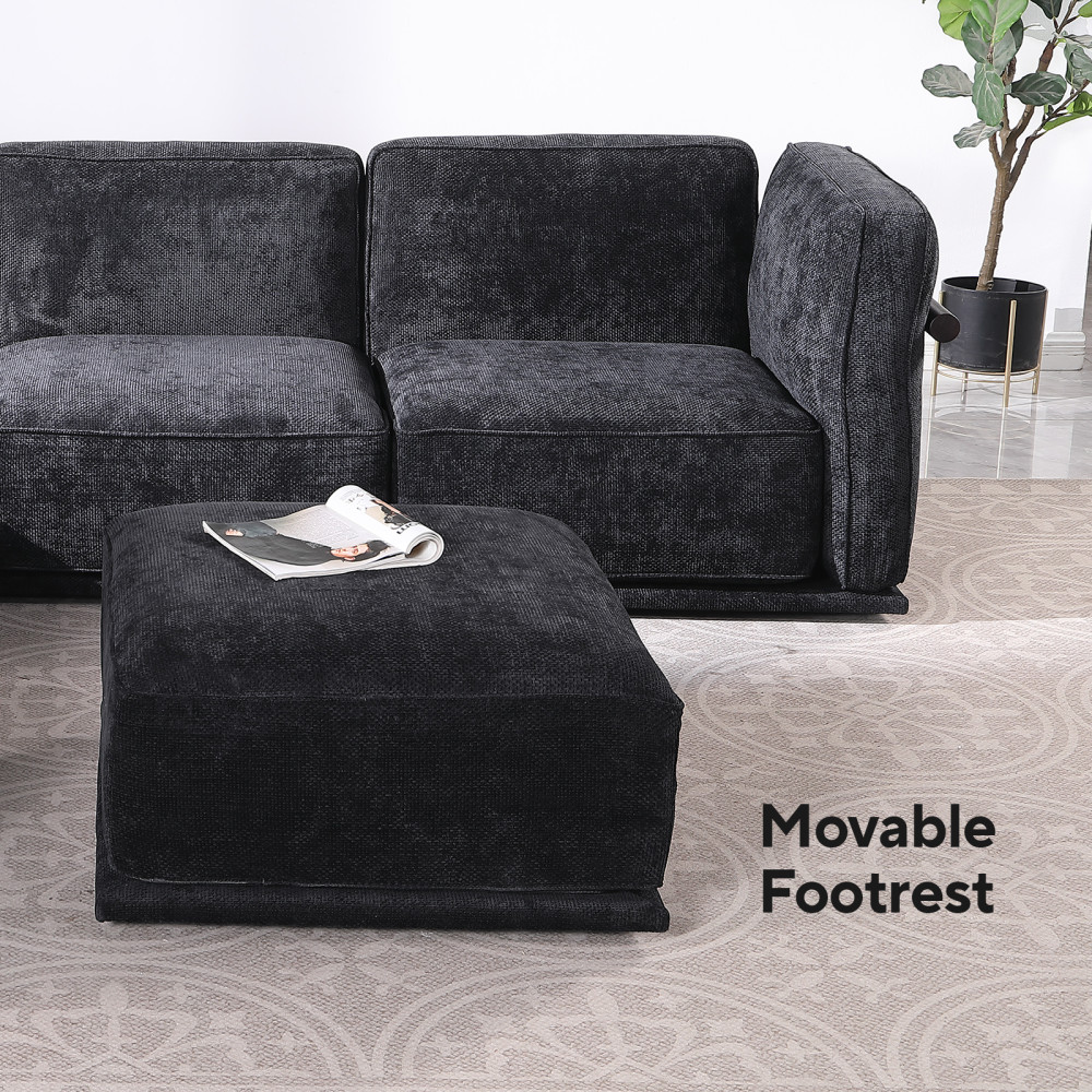 120 Inch Black Chenille Modular Sectional Sofa, Square Arms, Split Back, Modern