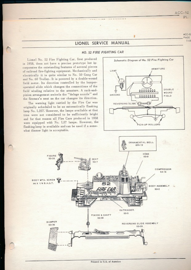 Lionel Service Mnual Firefighter Cr #52 two sheets ORIGINAL