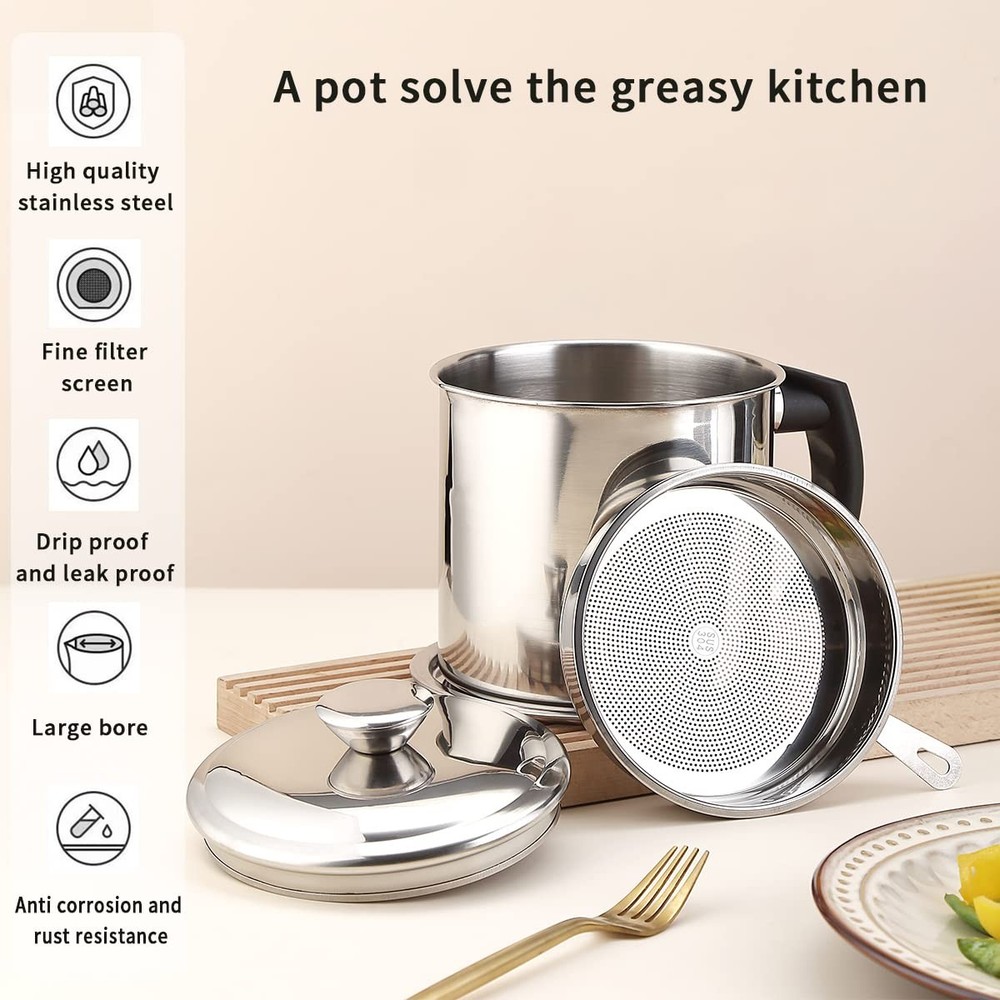 Kyraton Bacon Grease Container With Strainer, 48 oz 1. Silver, Silver