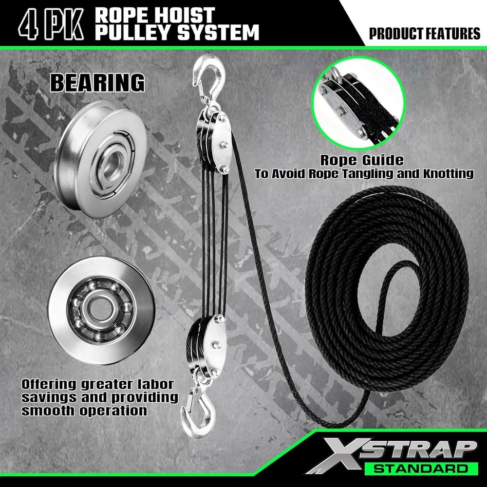 Efficient 50 FT Block & Tackle Pulley System with Soft Loops - 2000 LB Strength