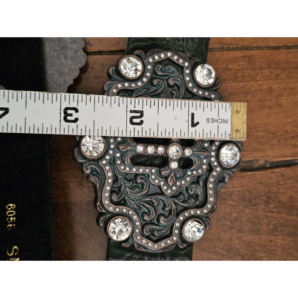 Shyanne Cross Concho Tooled Strap Belt Medium Black Leather