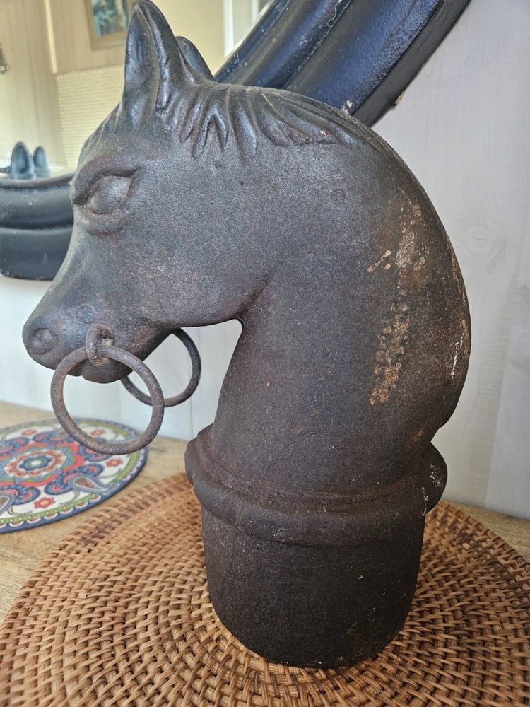 Circa 1900 : Two Double Ring Horse Head Adirons or Hitching Post Toppers