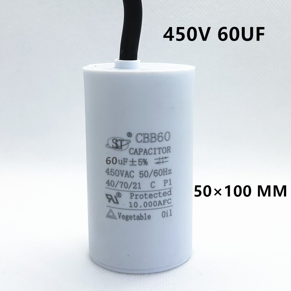 60uF 60MFD 450V 450VAC CBB60 Motor Run Capacitor with Wire Leads, 50/60Hz, ±5%