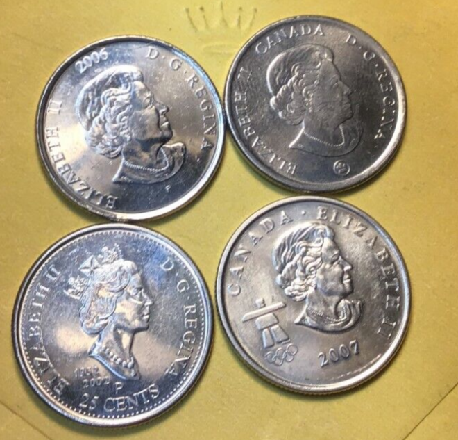 4 Different 2002 2006 2007 Canada Quarters Canada 25 Cent Pieces, 4 Coins