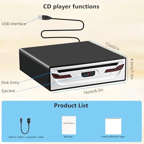Portable External CD Player for Car - Plug and Play Universal USB CD Black