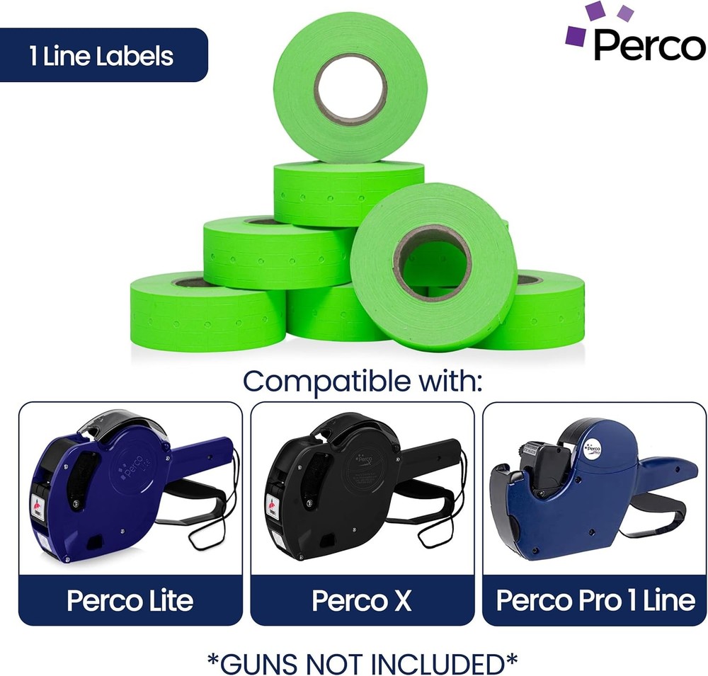 Perco 1 Line Fluorescent Green Labels - 8 Rolls, 1 Sleeve,