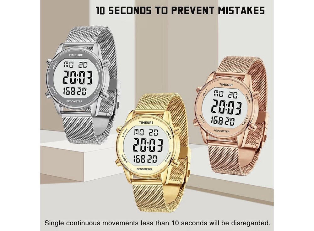TIMEURE Silver Digital Pedometer Watch with Light and Step Counter