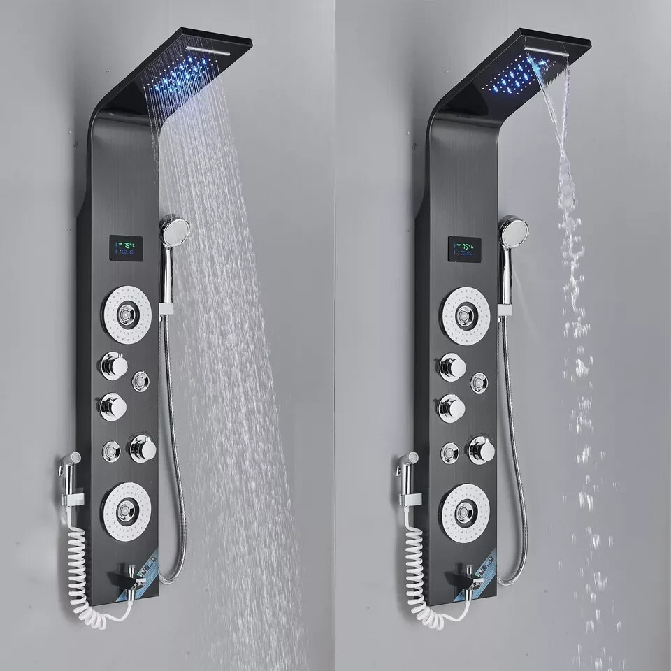 Stainless Steel Shower Panel Tower System LED Rainfall&Waterfall Massage Body