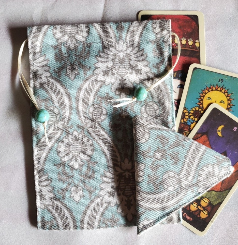 Tarot Card Drawstring Bag Handmade Turquoise Grey with Beads PLUS Crystal Pouch