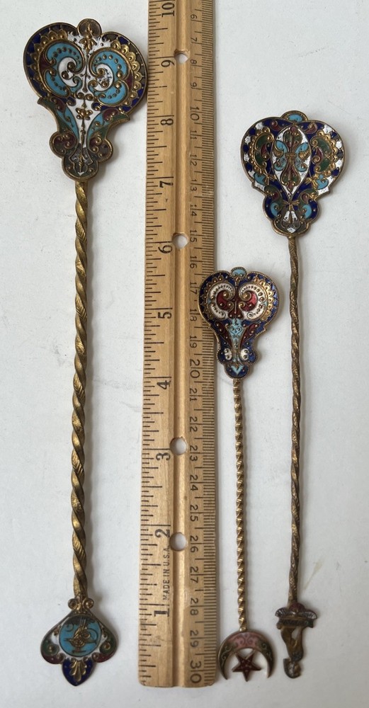 French Champleve Enameled 3 Piece Spoon Set