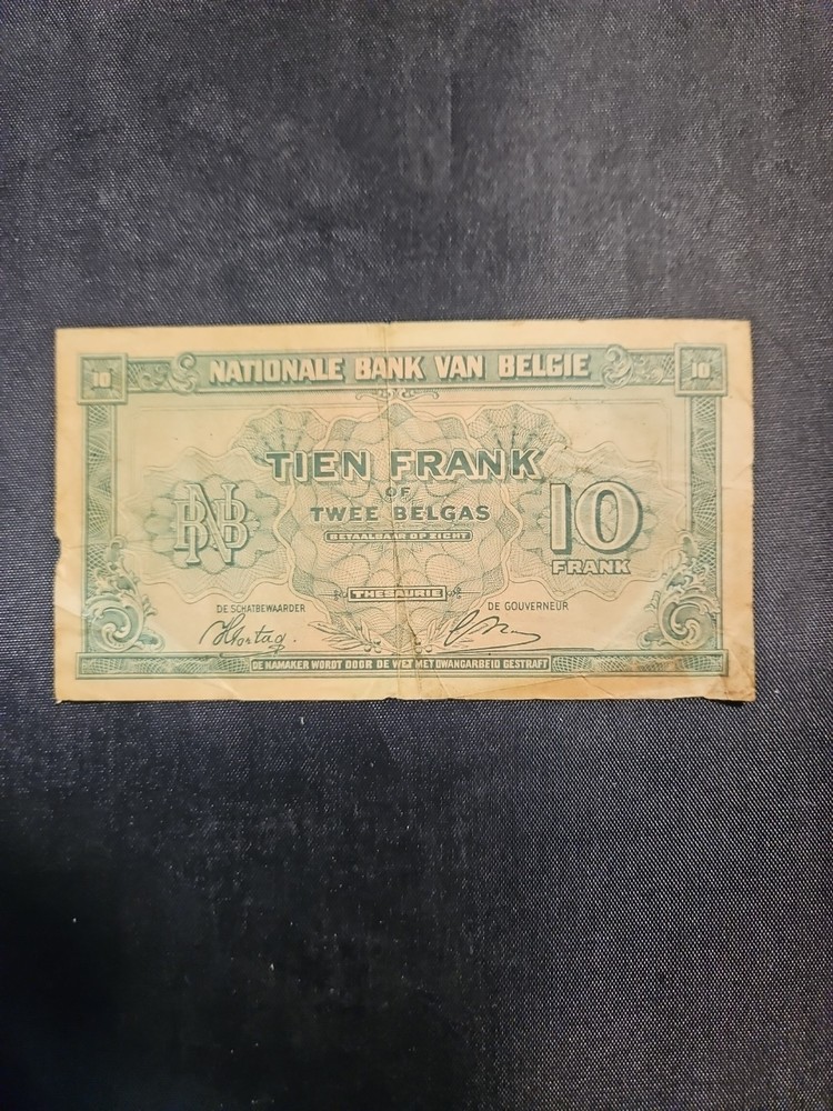 1943 Belgium 10 francs, circulated banknote