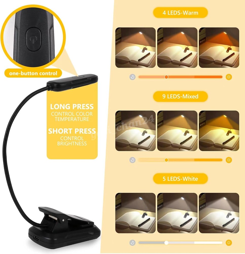 9 LED Rechargeable Clip On Book Light Lightweight Reading Lamp Light Studying