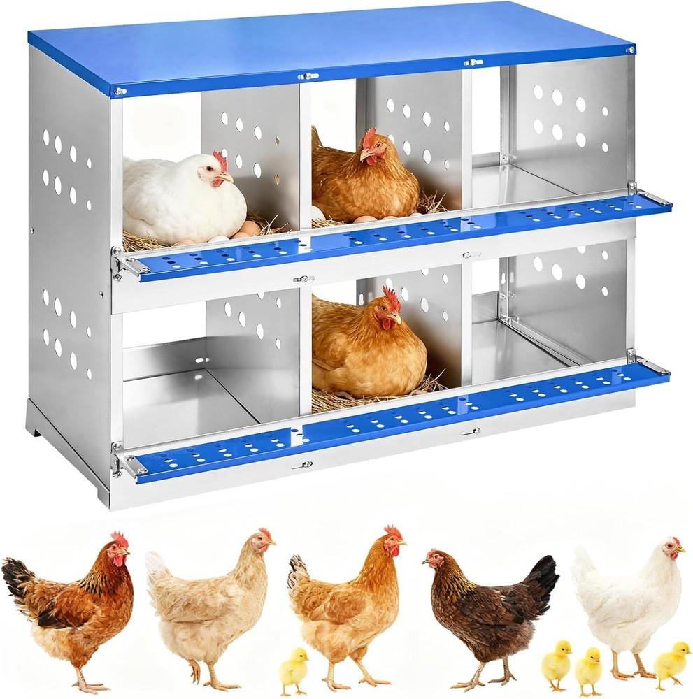 6 Holes Chicken Nesting Box, Heavy Duty Galvanized Steel Rustproof Laying Box