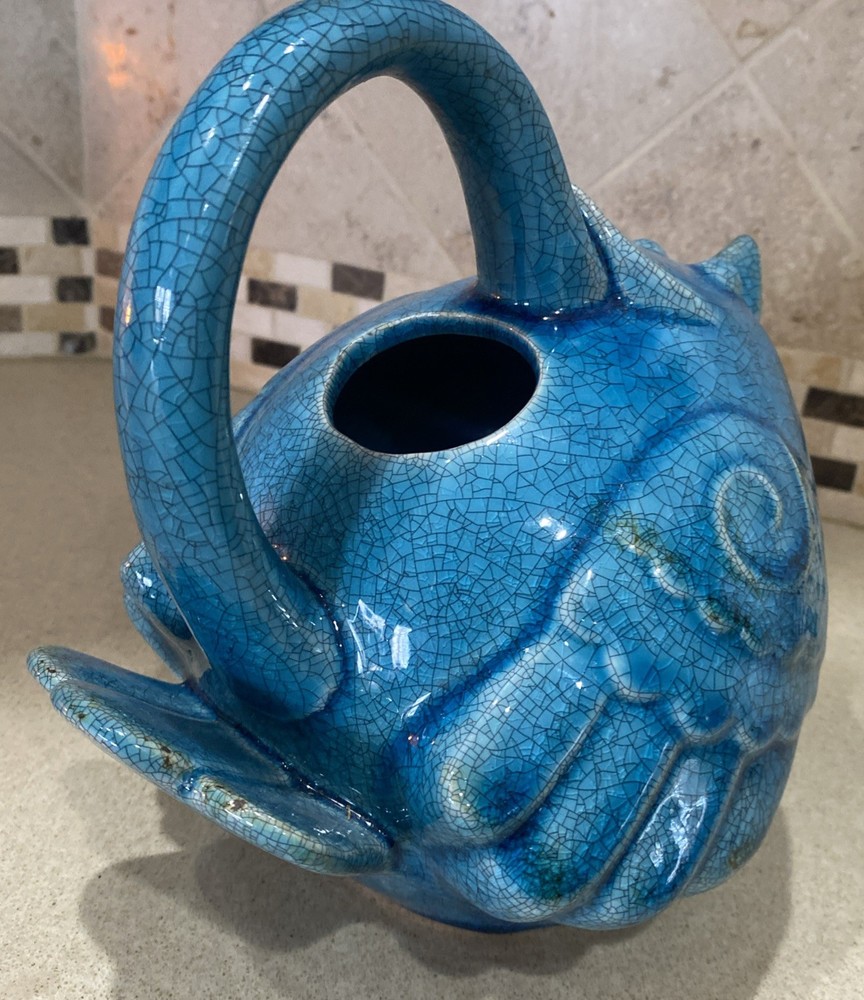 Ceramic Crackle Turquoise Bird Watering Can Cracker Barrel