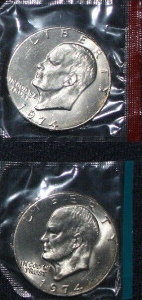 2 coins 1974 PD Eisenhower dollar Mint Set cello roll