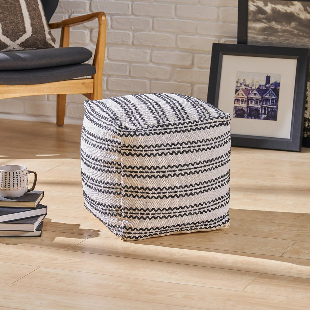 Davis Boho Cotton Pouf, Natural and Black