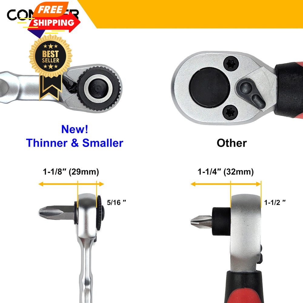 CONQUER Mini Combo Dual Ratchet Wrench with 1/4" Square Drive and Bit Silver