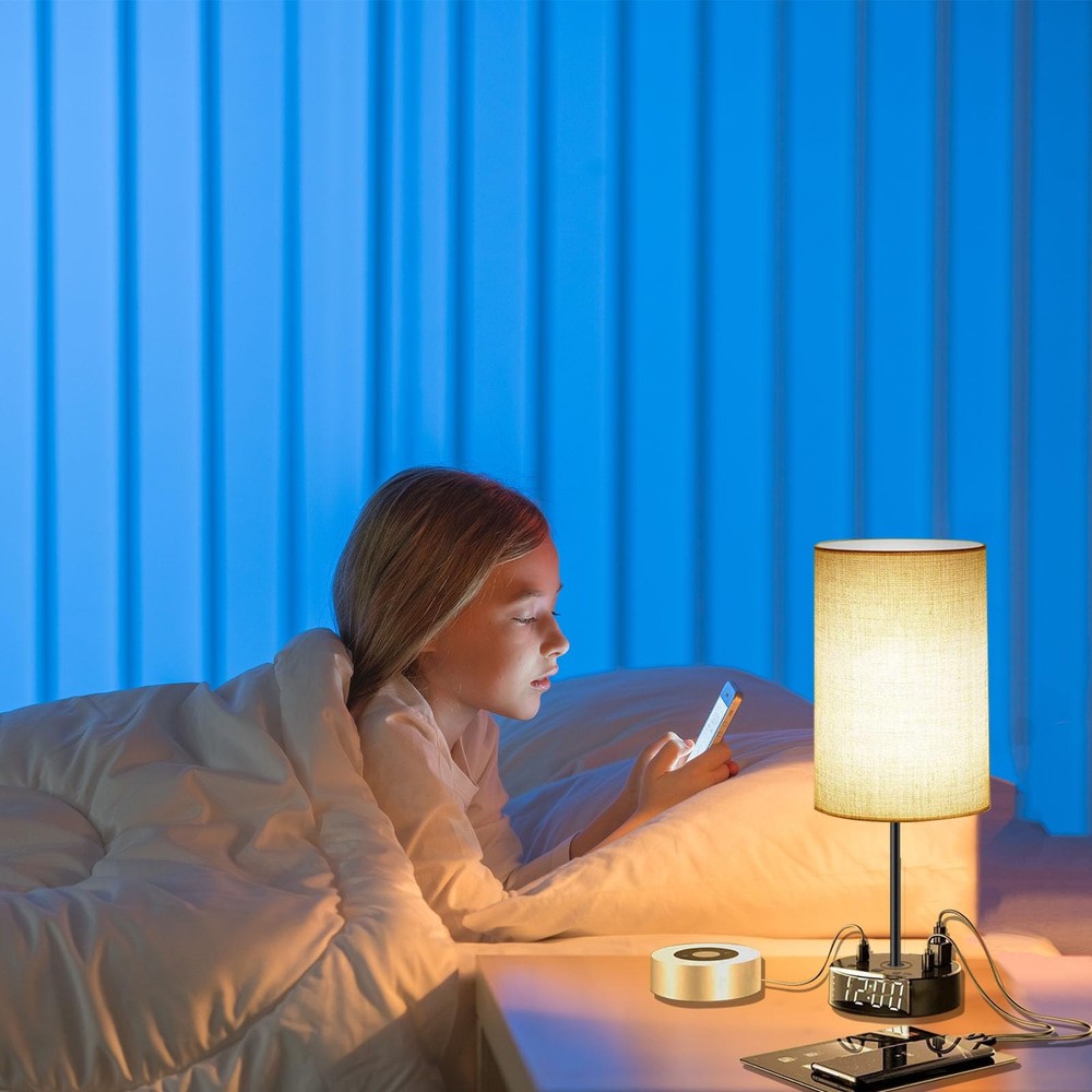 Touch Control Nightstand Lamp USB C Charging Alarm Clock Dimmable Gray