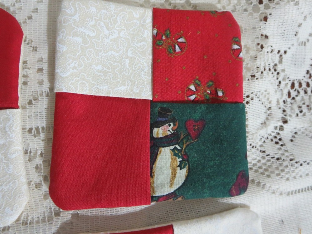4 Handmade Quilted Snowman Coasters 4" Square