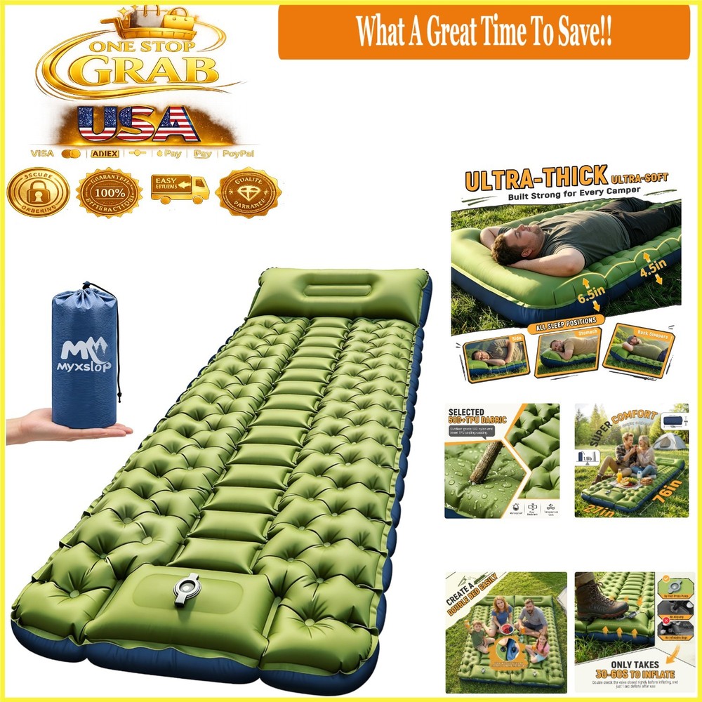 Ultralight Camping Sleeping Pad with Pillow, Inflatable Mattress, Green