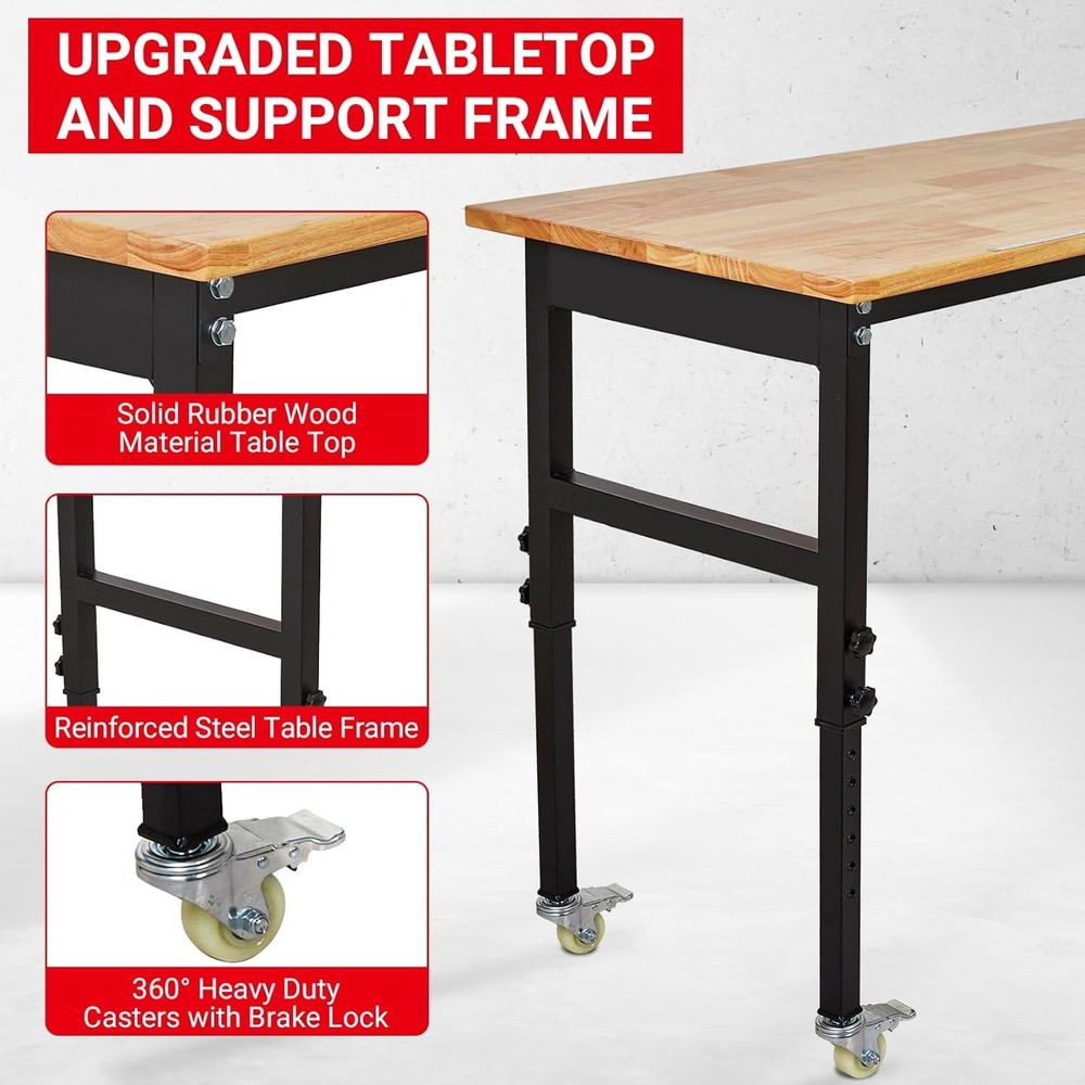 48"x24'' Adjustable Workbench 2000 Lbs Capacity Rubber Wood Workstation