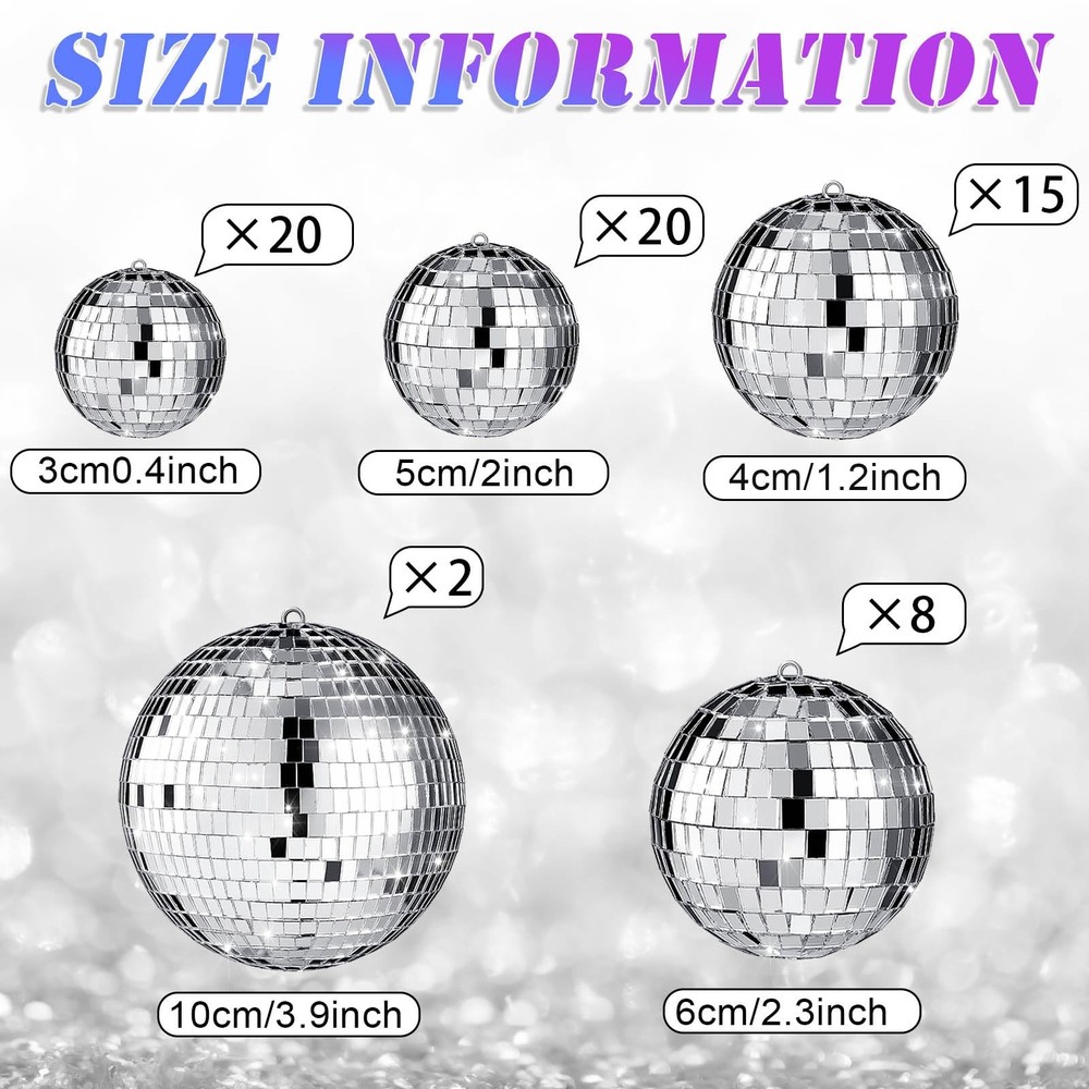 65 Pcs Assorted Silver Disco Balls Decorations Reflective Hanging Disco Ball