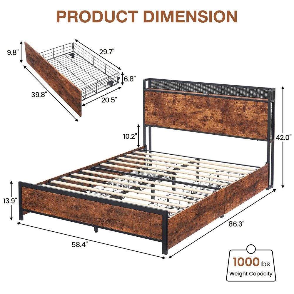 🔥Queen Bed Frame with 4 Storage Drawers Metal Platform Bed Frame with Charging