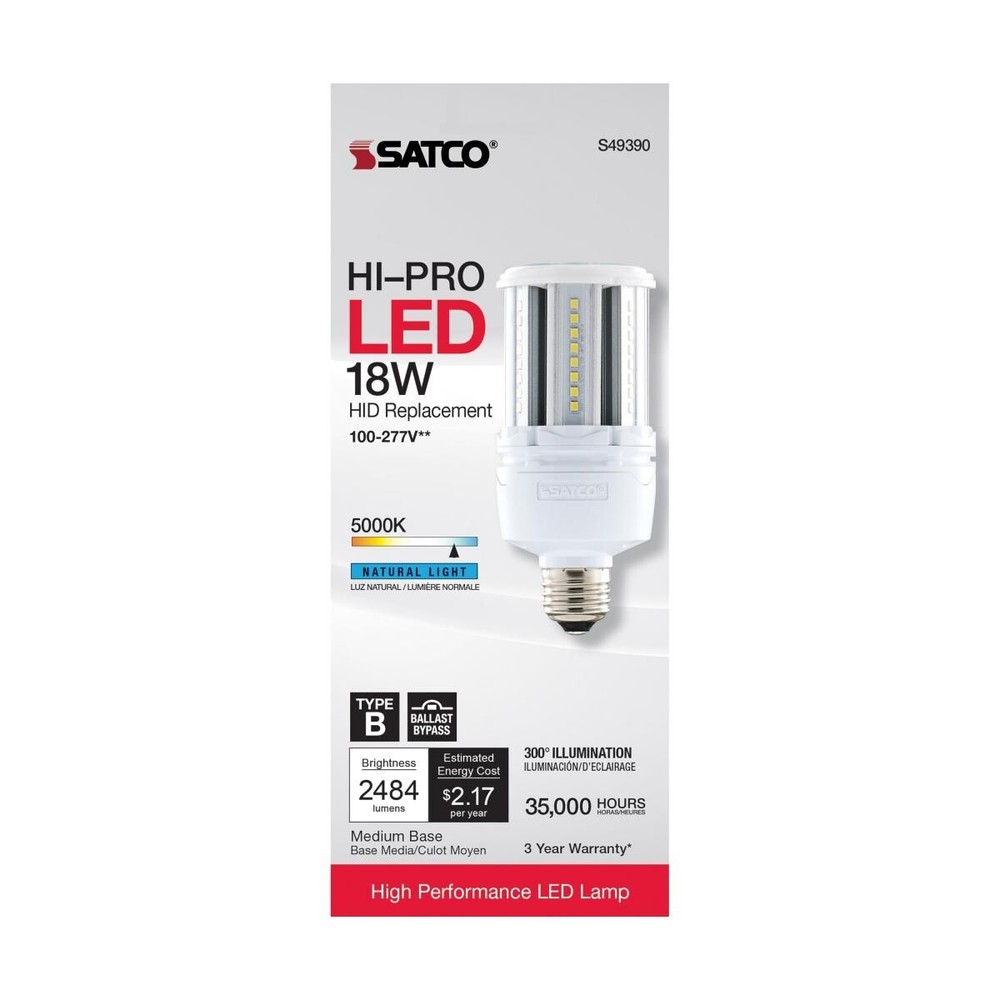 Satco S49390 - 18 Watt LED HID Replacement - 5000K - Type B; Ballast Bypass