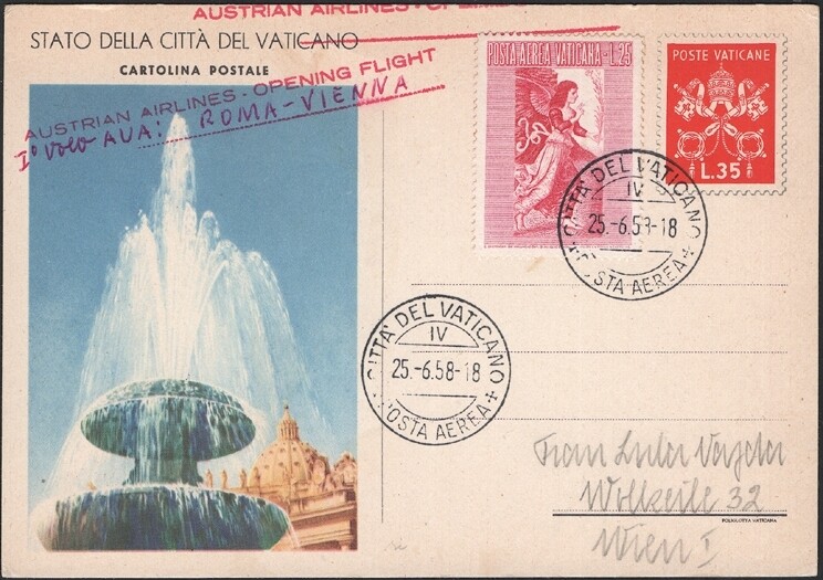 VATICAN, 1958. First Flight Post Card H&G 22, C27, Vienna