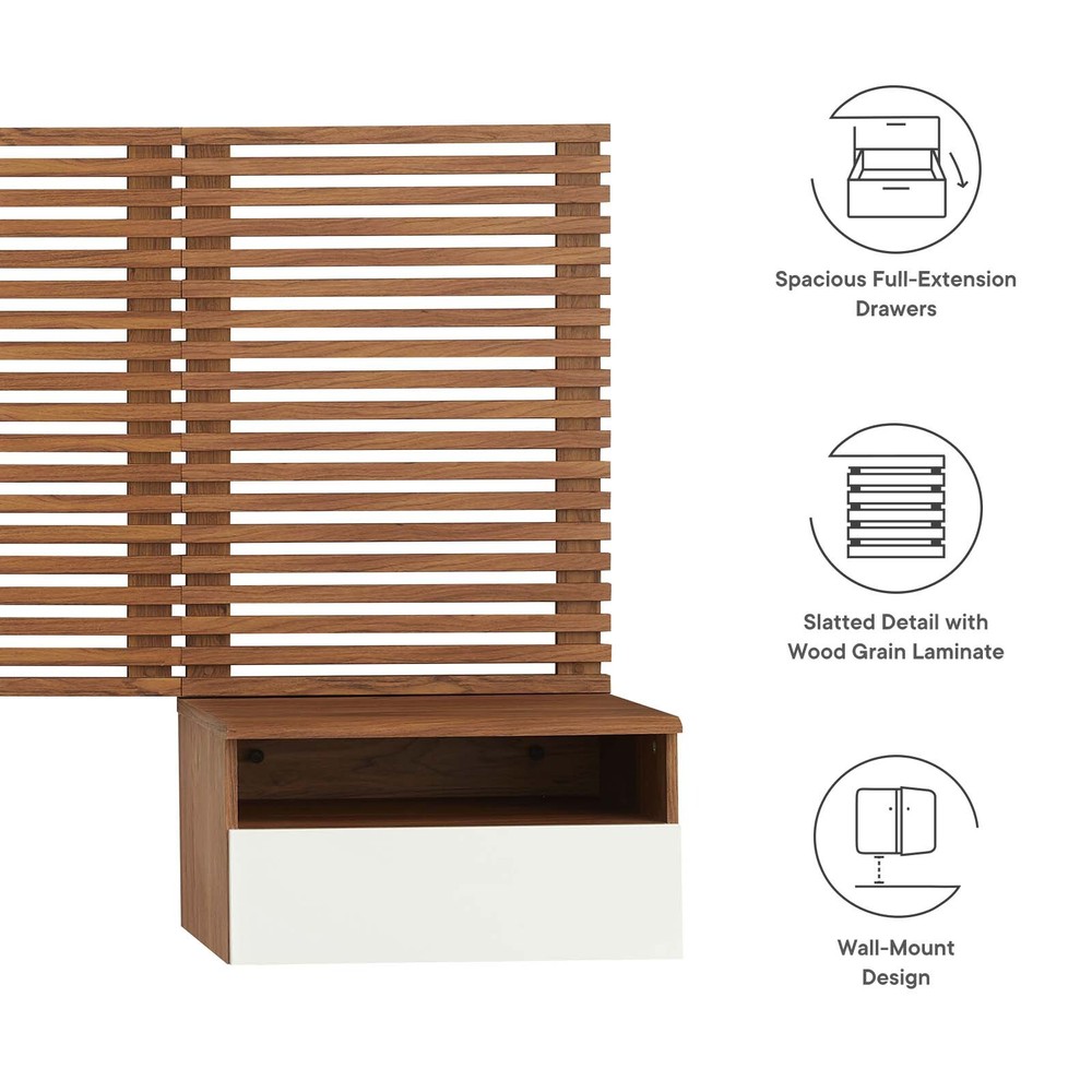 Modway Render Wall Mount King Headboard and Modern Nightstands in Walnut