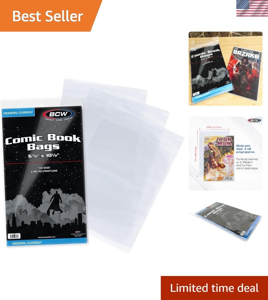 Modern Comic Bags, Acid-Free & Crystal Clear - 100 Count for Current Issues