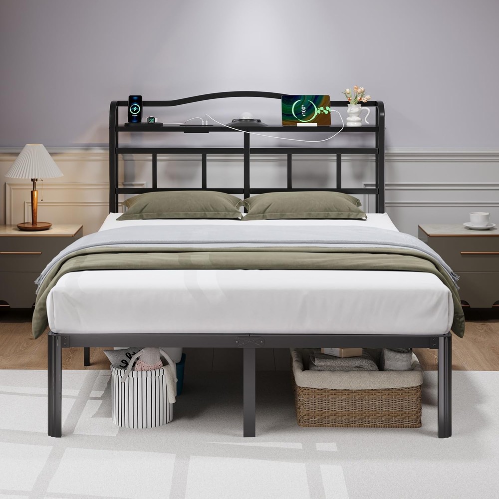 Full Bed Frame - Storage Headboard with Charging Station & Galaxy Aurora Proj...