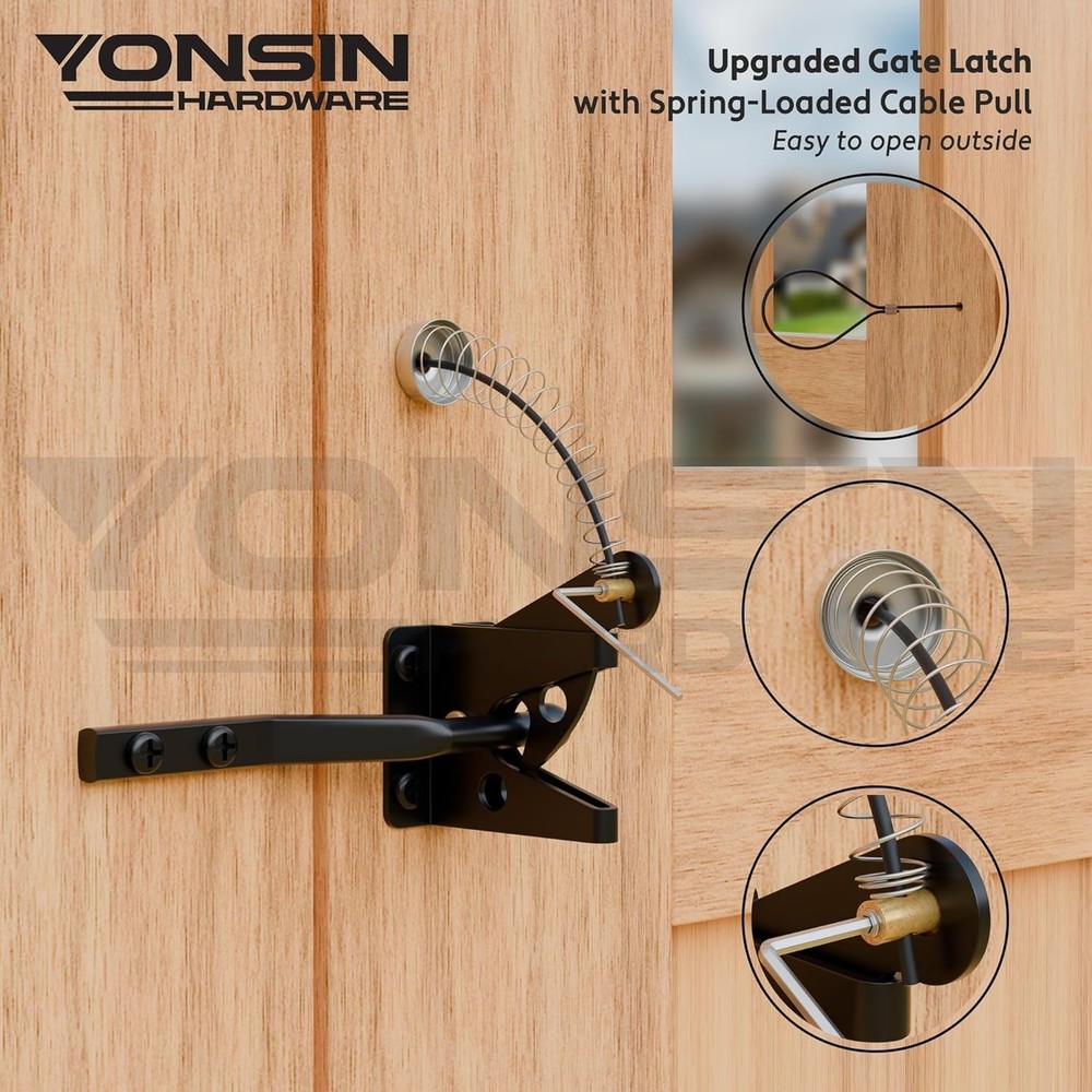 Self Locking Fence Gate Latch w/ Spring Cable Pull Heavy Duty Gate Latch Hardwar