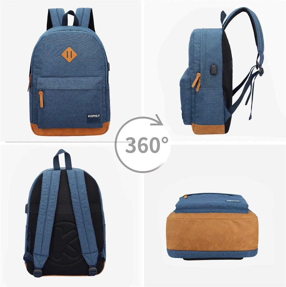 Laptop Backpack with Leather Decoration, USB Charging Port, Classic Backpack ...
