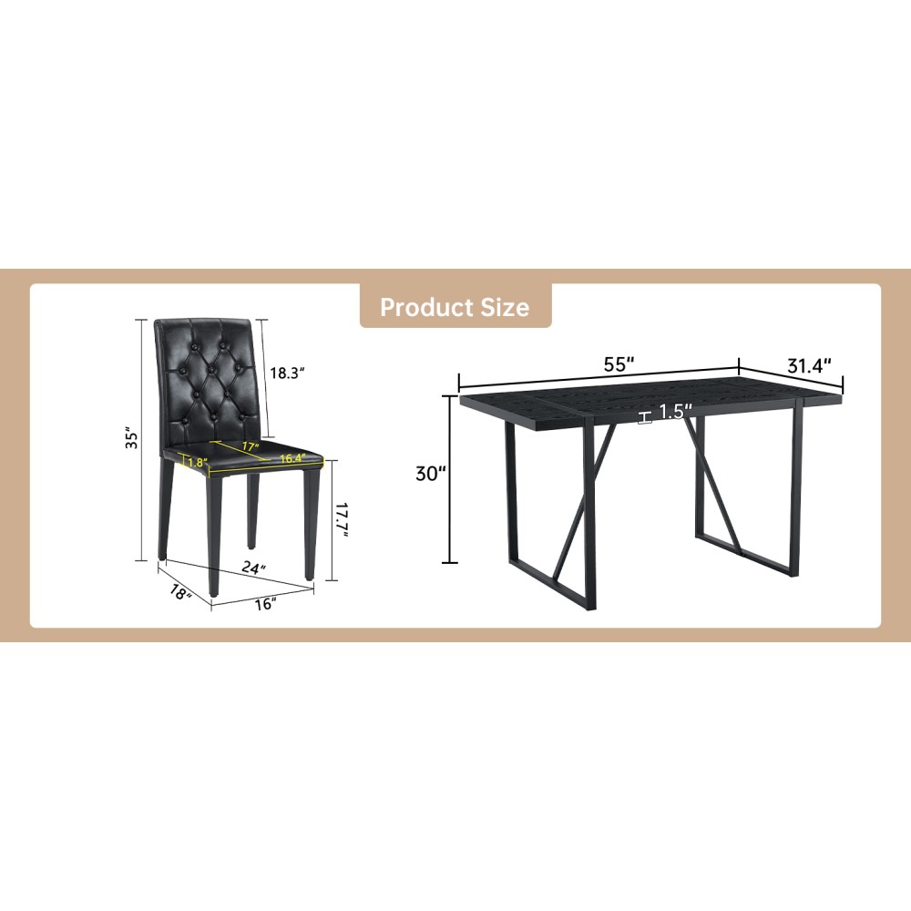 Black MDF Dining Table Set w/4 PU Chairs, Retro Modern Style