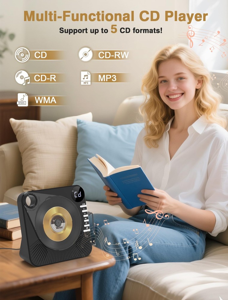 CD Player with HiFi Dual Speaker Portable Bluetooth,Desktop Black