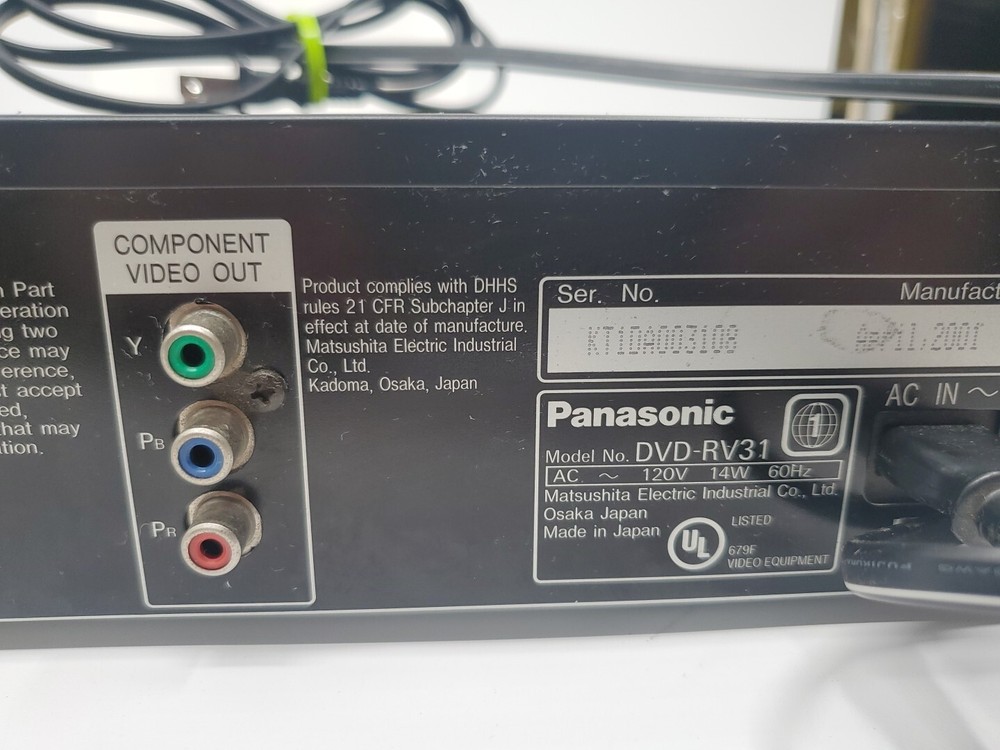 Panasonic DVD-RV31 DVD Player. Component/Subwoofer Out + Replacement Remote. vg+