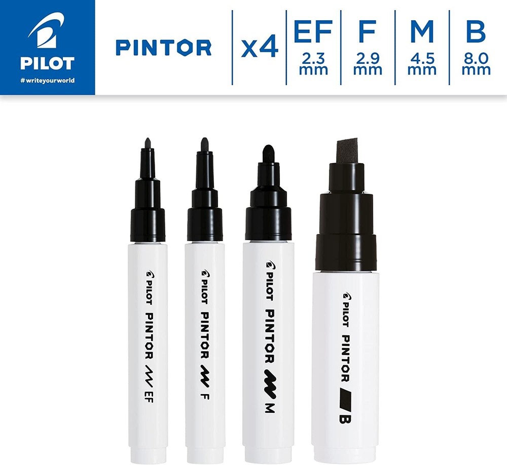 Pilot Pintor Marker 4 Piece Set -1 each Extra Fine, Fine, Medium, Broad - BLACK