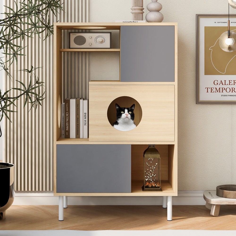 Modern Cat Tree & Side Cabinet with Litter Box & Hidden Storage