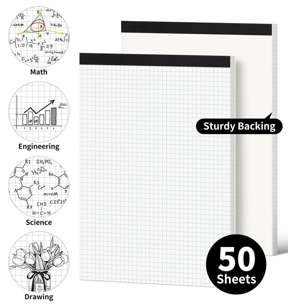 Graph Paper Notebook, 2 8.5" x 11"Varied, 2 Pack-Squared (50 Sheets/Pad)