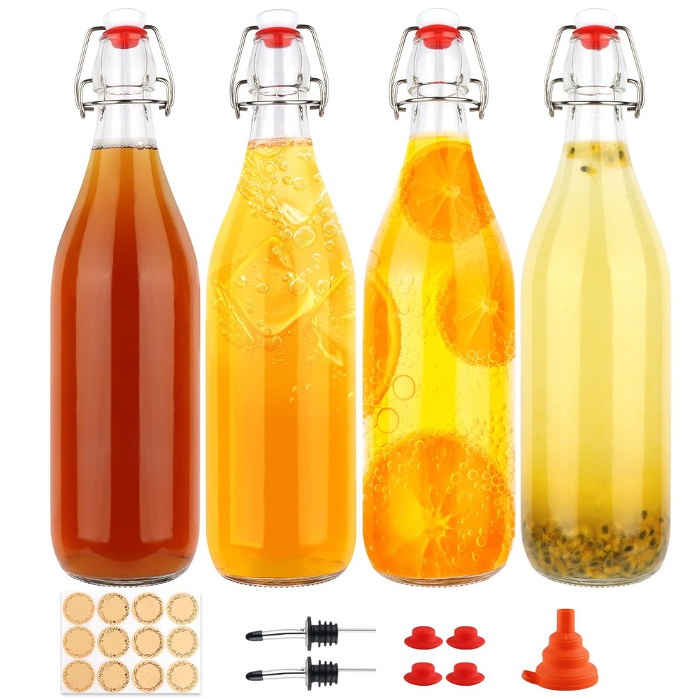 Botellas de vidrio de 1 litro con tapa abatible y tapón hermético para el hogar