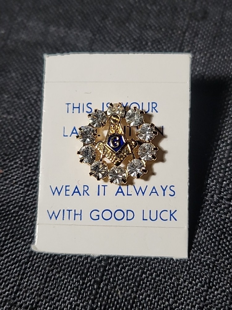 Masonic Square & Compass Symbol Clear Rhinestones Gold Tone Lapel Pin Button