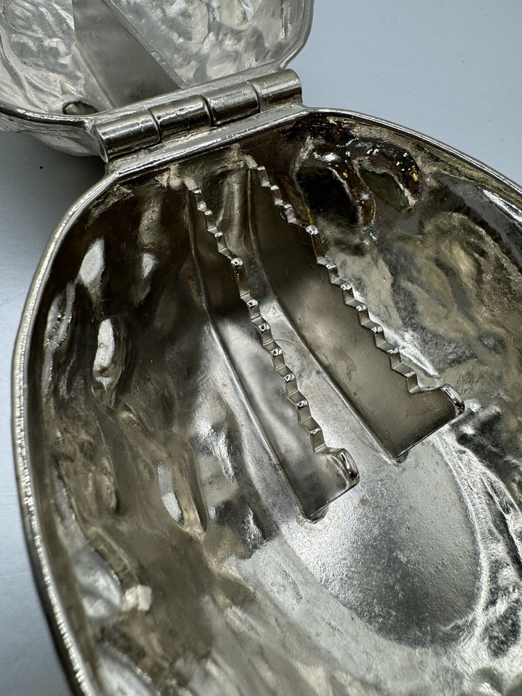 Vintage Walnut Shaped Silver Toned Metal Hinged Nut Cracker 5”